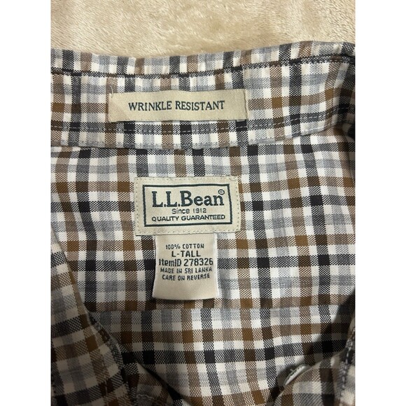 LL Bean Men’s L-Tall Brown Plaid Cotton Wrinkle Resistant Long Sleeve Shirt - Picture 5 of 11